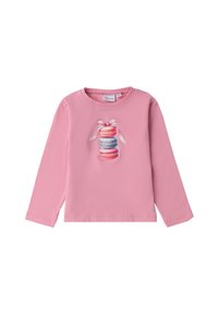 Langemouwige roze t-shirt van zachte katoen met een graphic van gestapelde macarons met een lint. Inclusief ronde halslijn en rechte zoom.