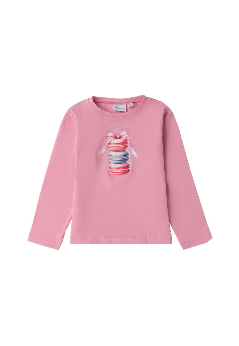 Langemouwige roze t-shirt van zachte katoen met een graphic van gestapelde macarons met een lint. Inclusief ronde halslijn en rechte zoom.