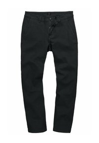Pantaloni neri realizzati in un mix di cotone, con chiusura zip, bottone e tasche standard. Texture liscia con un design slim fit.
