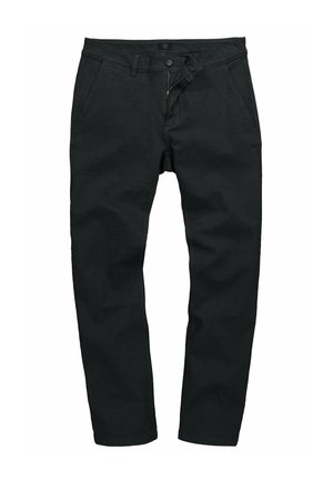 Mustat housut, joissa on puuvillasekoitetta, vetoketjuluukku, nappisulku ja tavalliset taskut. Sileä rakenne ja slim fit -tyyli.