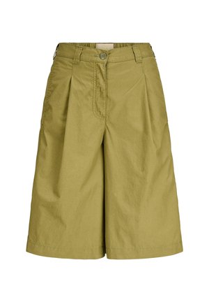 Olivengrønne shorts med høy midje og vide ben, med knapp og glidelås foran, beltehemper og diskrete folder.