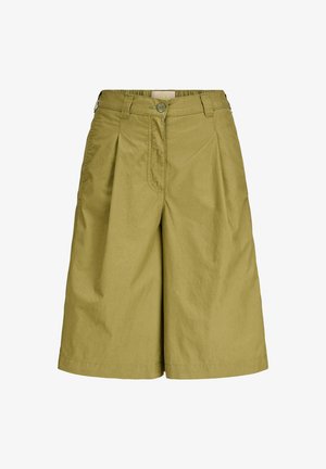 Olivengrønne shorts med høy midje og vide ben, med knapp og glidelås foran, beltehemper og diskrete folder.