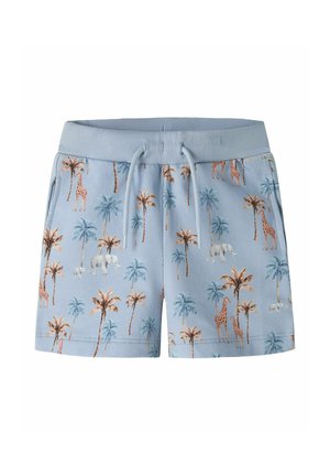Shorts bleu clair avec ceinture côtelée et cordon, décorés d’un motif de palmiers, girafes et éléphants.