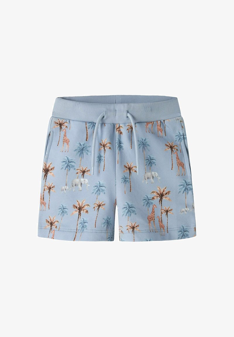 Shorts bleu clair avec ceinture côtelée et cordon, décorés d’un motif de palmiers, girafes et éléphants.