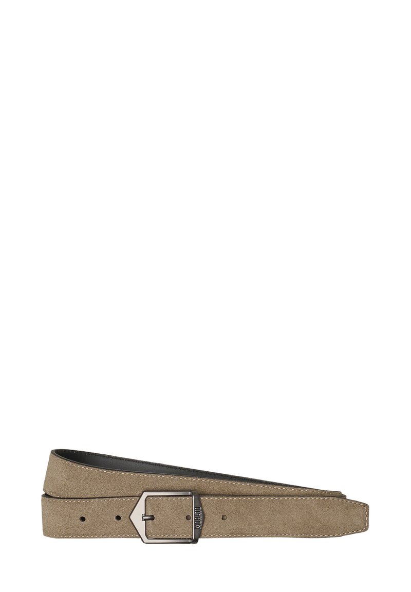 Cintura in suede marrone chiaro con una trama liscia, dotata di una fibbia metallica rettangolare e fori per la cintura, con dettagli cuciti lungo i bordi.