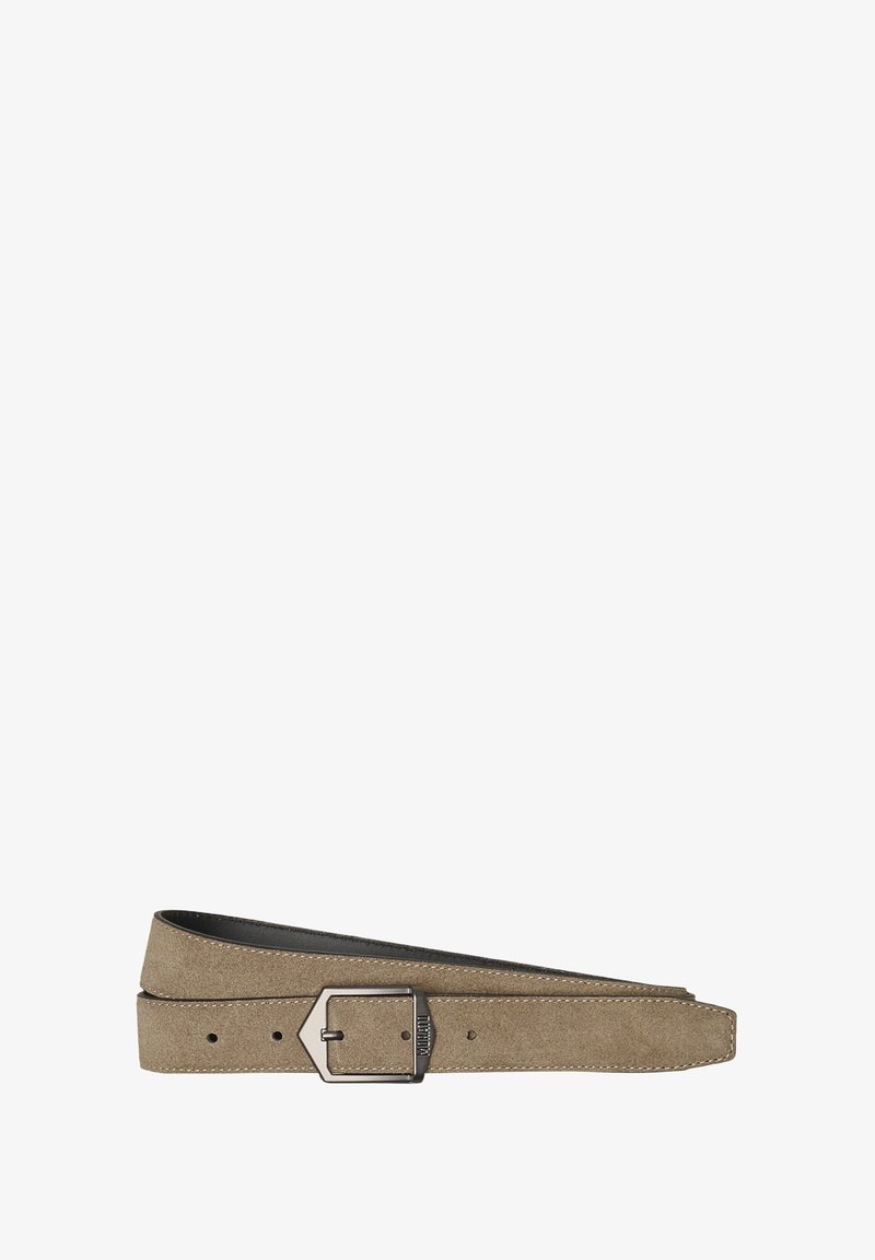 Cintura in suede marrone chiaro con una trama liscia, dotata di una fibbia metallica rettangolare e fori per la cintura, con dettagli cuciti lungo i bordi.
