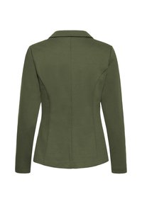 Giacca aderente verde oliva con maniche lunghe, colletto e cuciture sartoriali. Tessuto liscio, senza chiusure o modelli visibili. Vista posteriore mostrata.