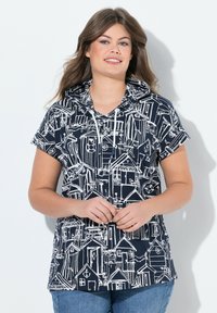 Sudadera con capucha de manga corta en color navy, con estampado de silueta de casa blanca, que cuenta con un capucho ajustable y un corte relajado, fabricada en tejido suave.