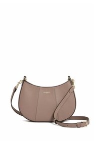 Borsa a tracolla in pelle di un morbido color mauve, forma curvata con dettagli cuciti in diagonale, tracolla rimovibile e accessori in metallo color oro.