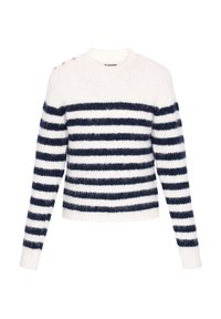 Sweter w paski w kolorze granatowym i białym, wykonany z miękkiego, teksturowanego materiału. Okrągły dekolt i ozdobne guziki na ramieniu.