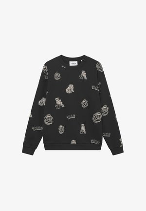 Sweater preto com um padrão repetido de gráficos do bulldog de Yale e acentos em texto na cor bege. Gola redonda e punhos canelados.