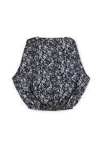 Blusa navy con motivo floreale astratto bianco, tessuto leggero, vestibilità rilassata, collo rotondo e orlo arricciato elasticizzato.