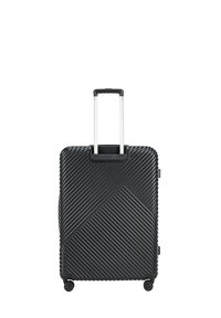 Valise rigide noire avec texture en relief diagonal, poignée télescopique en aluminium et quatre roues noires pour une mobilité aisée.