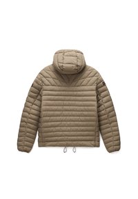 Giacca a puffo beige con cappuccio, caratterizzata da un motivo trapuntato orizzontale e orlo con coulisse. Realizzata in materiale leggero, con texture liscia.