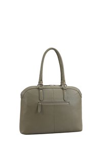 Olijfgroene leren handtas met dubbele handvaten, een ritssluiting aan de voorkant en gestikte naden.