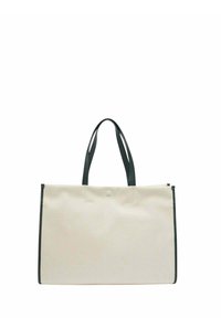Grand sac tote en toile de couleur écrue avec des poignées et des finitions vert foncé, présentant un détail de bouton externe et une forme rectangulaire simple.