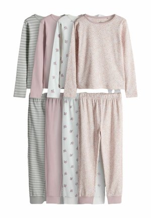Set of five pajama sets featuring a mix of pastel pink and gray colors, floral patterns, stripes, and soft fabric with elastic waistbands.