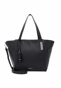 Zwarte leren tote bag met een gestructureerd oppervlak, twee handvatten, afneembare schouderriem en een decoratieve kwastdetails. Zilveren hardware accenten.