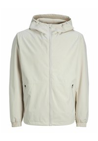 Jacket ușor, bej, cu fermoar și glugă, cu manșete elastice, două buzunare laterale și țesătură netedă, ideal pentru purtarea casual.