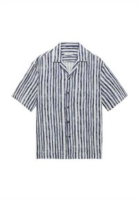Korte mouwen shirt met verticale blauw-witte strepen, gemaakt van lichtgewicht stof, met een ingezette kraag en een knoopsluiting aan de voorkant.