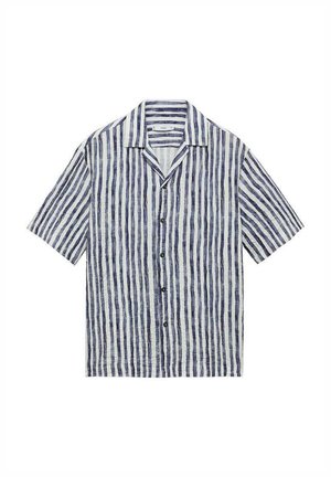 Chemise à manches courtes avec des rayures verticales bleues et blanches, en tissu léger, avec un col à revers et une fermeture à boutons à l'avant.
