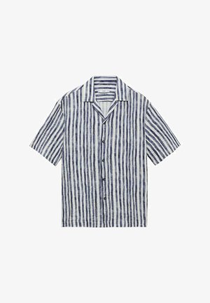 Maglietta a maniche corte con righe verticali blu e bianche, realizzata in tessuto leggero, con colletto a scollo e chiusura frontale con bottoni.