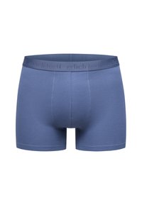 Blue cotton boxer briefs with a soft texture, featuring a logo-embossed waistband and a fitted design for comfort and support.