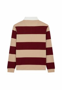 Polo a maniche lunghe con strisce alternate bordeaux e beige, colletto bianco e polsini a costine. Tessuto in cotone morbido.