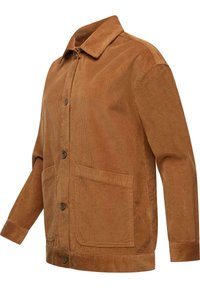 Giacca di velluto a coste marrone con colletto, chiusura frontale con bottoni, due ampie tasche frontali e maniche lunghe con polsini con bottoni. Texture morbida.