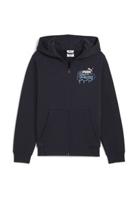 Felpa con zip di colore navy realizzata in tessuto morbido, dotata di tasca a marsupio, cappuccio con cordino e una grafica anteriore con testo blu e oro.