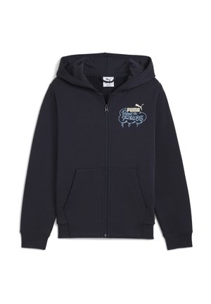 Veste à zip bleue marine en tissu doux, dotée d'une poche kangourou, d'une capuche avec cordon de serrage et d'un graphique à l'avant en texte bleu et or.
