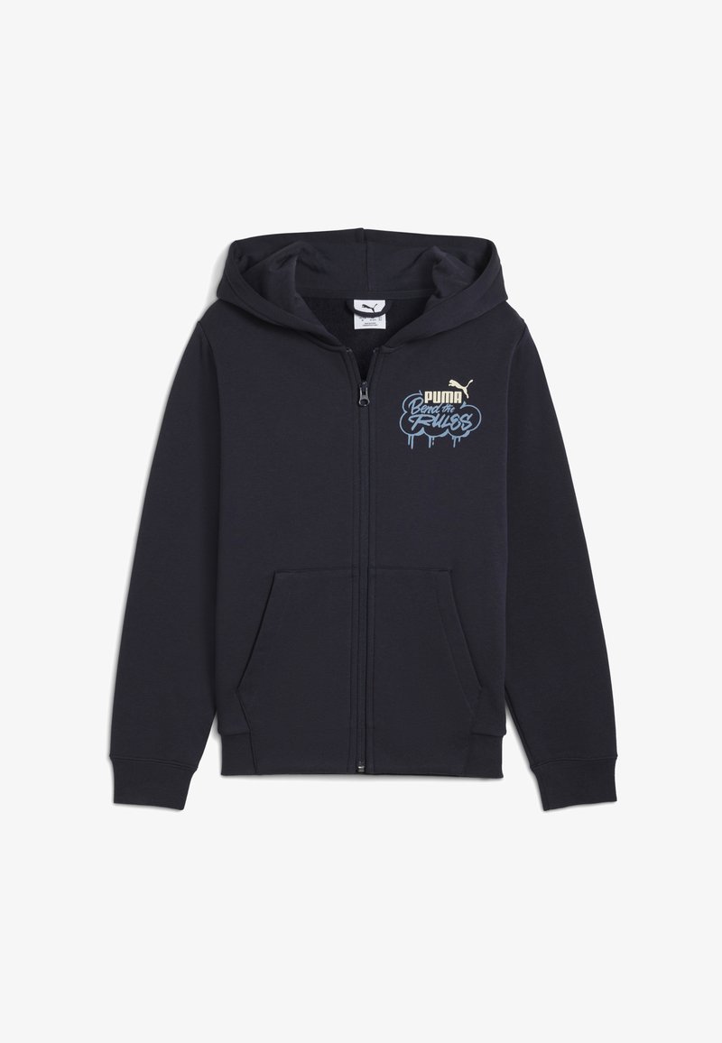 Námořnická mikina na zip vyrobená z měkké látky, s klokaní kapsou, kapucí se stahovací šňůrkou a předním potiskem v modro-zlatém textu.