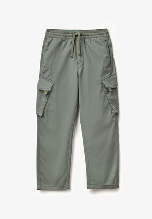 Cargo-broeken in een gedempte groene stof, met een elastische tailleband met trekkoord, zijzakken en taps toelopende benen met stikdetails.