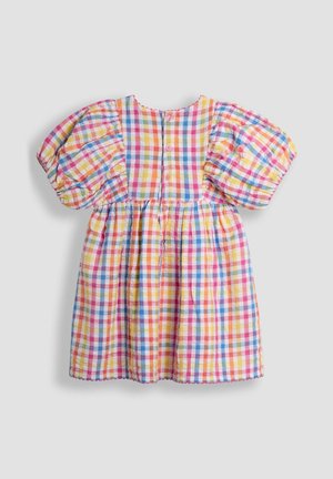 Šarena karirana haljina u žutoj, ružičastoj i plavoj boji; puf rukavi; kopčanje na dugmadima na leđima; nabrani struk; teksturirani materijal s laganim osjećajem.