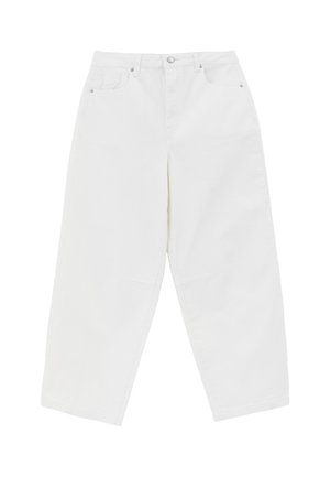 Weiße Denim-Baggy-Jeans mit hoher Taille, Fünf-Taschen-Design, Knopfverschluss und weitem, zulaufendem Bein.