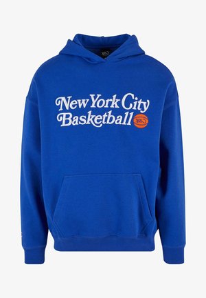 Felpa blu in misto cotone, con tasca a marsupio, polsini a coste e la scritta "Basketball di New York City" in bianco e arancione.