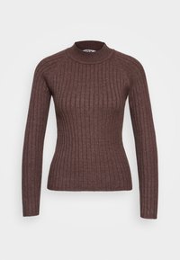 Bruine geribde coltrui, met lange mouwen en een aansluitende pasvorm, gemaakt van een zacht breimateriaal met een lichte glans.