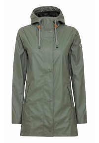 Waterproof green raincoat with a hood, snap buttons, adjustable drawstrings, side pockets, and a smooth, glossy texture.