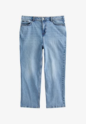 Jeans de mezclilla azul claro con un corte holgado, cinco bolsillos, cierre delantero con botón y piernas rectas. Presenta un ligero desgastado y detalles de costura sutiles.