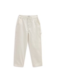 Ivory cotton trousers with a straight-leg design, featuring side pockets, a zip fly, and a belt loop detail on the waistband.