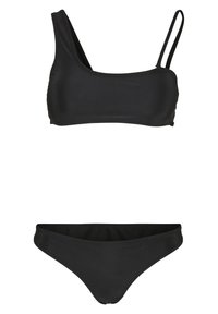 Fekete bikini szett, amely egy vállpántos toppból és egy alacsony derekú alsóból áll. Kényelmes, sima, rugalmas anyagból készült.