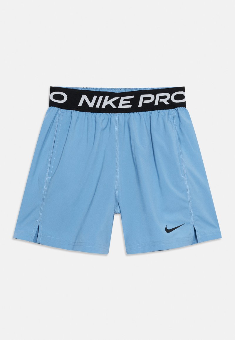 Αθλητική σορτς Nike Pro σε ανοιχτό γαλάζιο χρώμα με μαύρη ελαστική μέση, με λευκό κείμενο "NIKE PRO" και μαύρο λογότυπο Nike στο αριστερό πόδι.