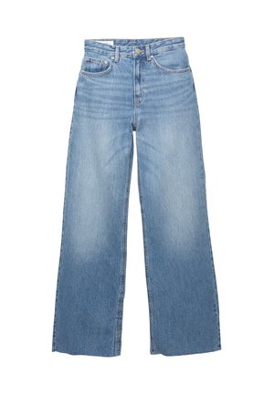 Lichtblauwe wijde jeans van denim. Heeft een hoge taille, vijf zakken en subtiele slijtage op de voorkant. Rechte zoom aan de onderkant.
