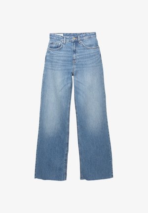 Helle blaue, weit geschnittene Jeans aus Denim. Sie verfügen über eine hohe Taille, fünf Taschen und ein sanftes Ausbleichen an der Vorderseite. Gerader Saum am unteren Ende.
