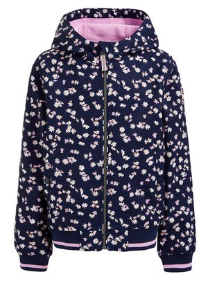 Marineblaue Mädchen-Jacke mit Kapuze, bedruckt mit weißen und rosa Gänseblümchen, Frontreißverschluss und rosa gefütterter Kapuze.