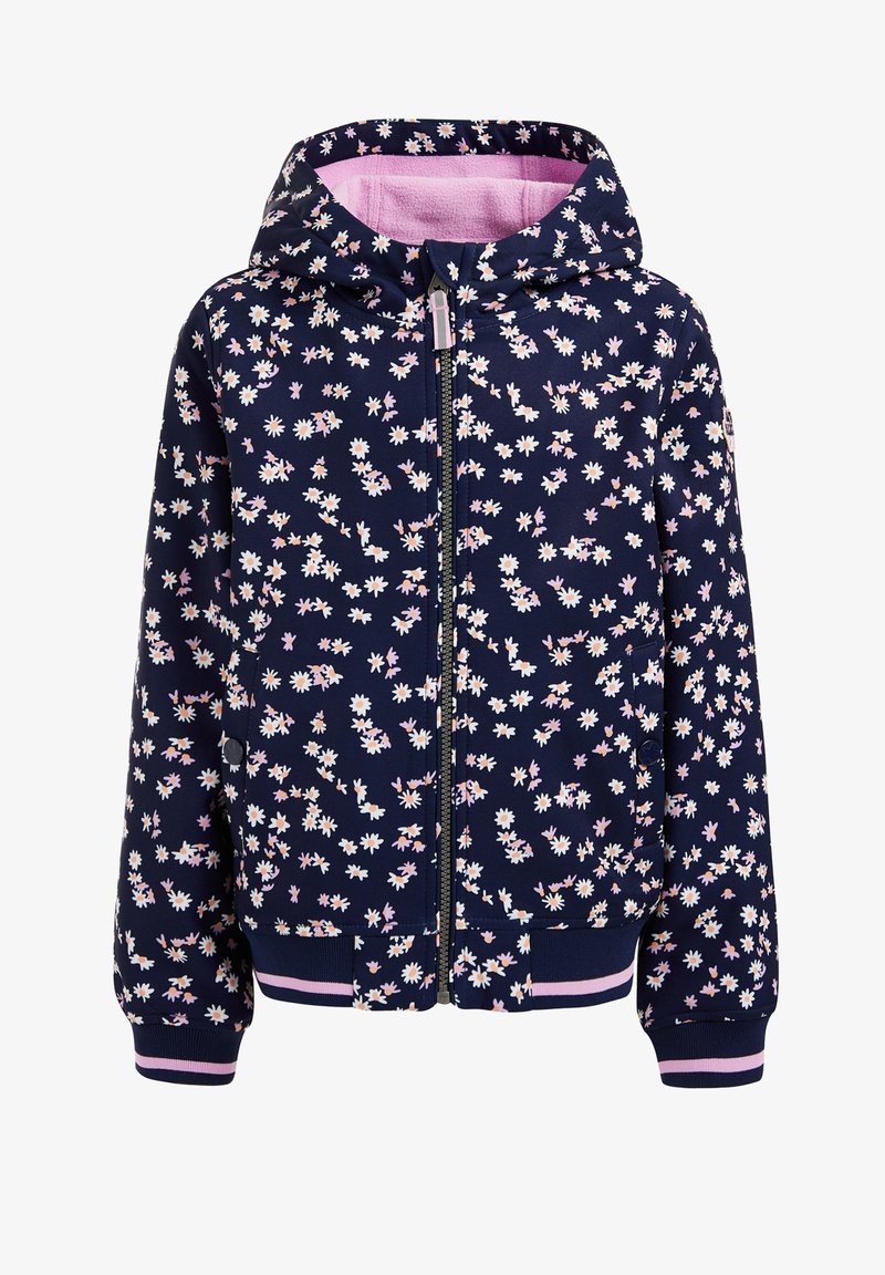 Marineblå hættejakke til piger med hvidt og pink tusindfrydprint, lynlås foran og hætte foret med pink.