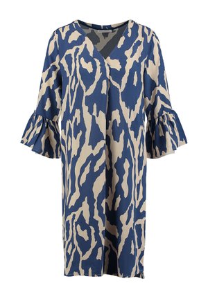 Navy and beige printed dress featuring a V-neckline, flared sleeves, and an abstract pattern. Made from lightweight fabric.