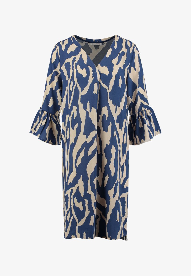 Dunkelblaues und beiges bedrucktes Kleid mit V-Ausschnitt, ausgestellten Ärmeln und einem abstrakten Muster. Hergestellt aus leichtem Material.