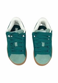 Türkise Wildledersneaker mit Gummisohle, ausgestattet mit türkisen Schnürsenkeln und einem weißen Innenraum. Der Zehenbereich hat einen helleren Farbton von Türkis.