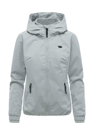 Hellgraue Kapuzenjacke mit Frontreißverschluss, elastischen Bündchen, zwei seitlichen Reißverschlusstaschen und kleinem schwarzem Logo auf der Brust.